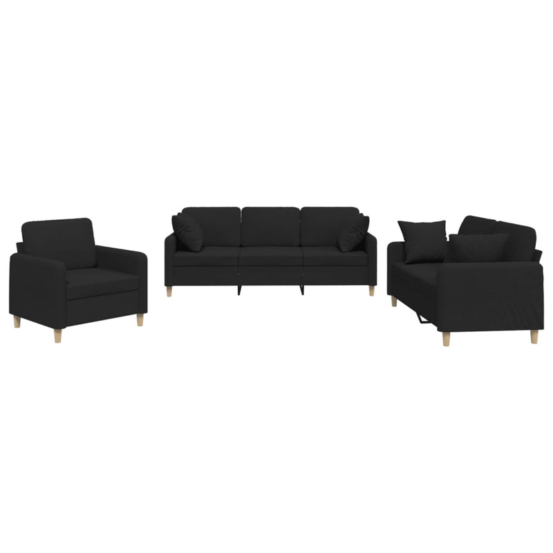 Set de canapele cu perne, 3 piese, negru, textil