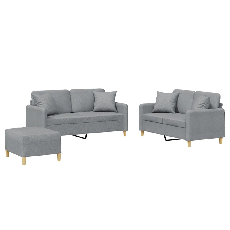 Set de canapele cu perne, 3 piese, gri deschis, textil
