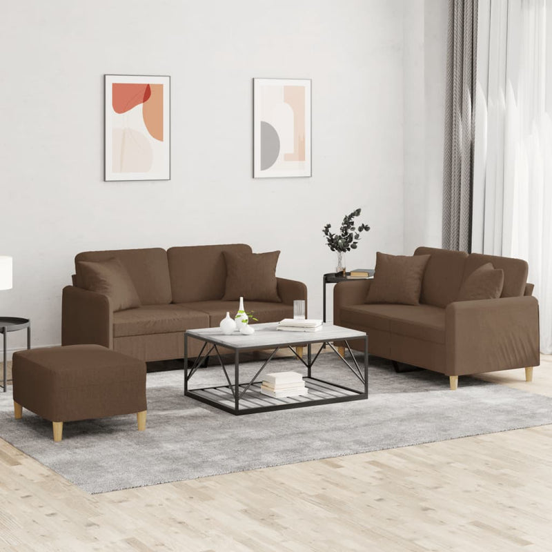 Set de canapele cu perne, 3 piese, maro, textil