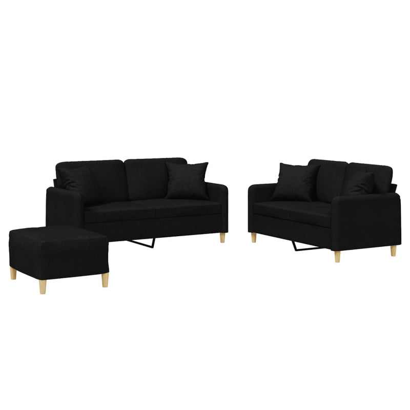 Set de canapele cu perne, 3 piese, negru, textil