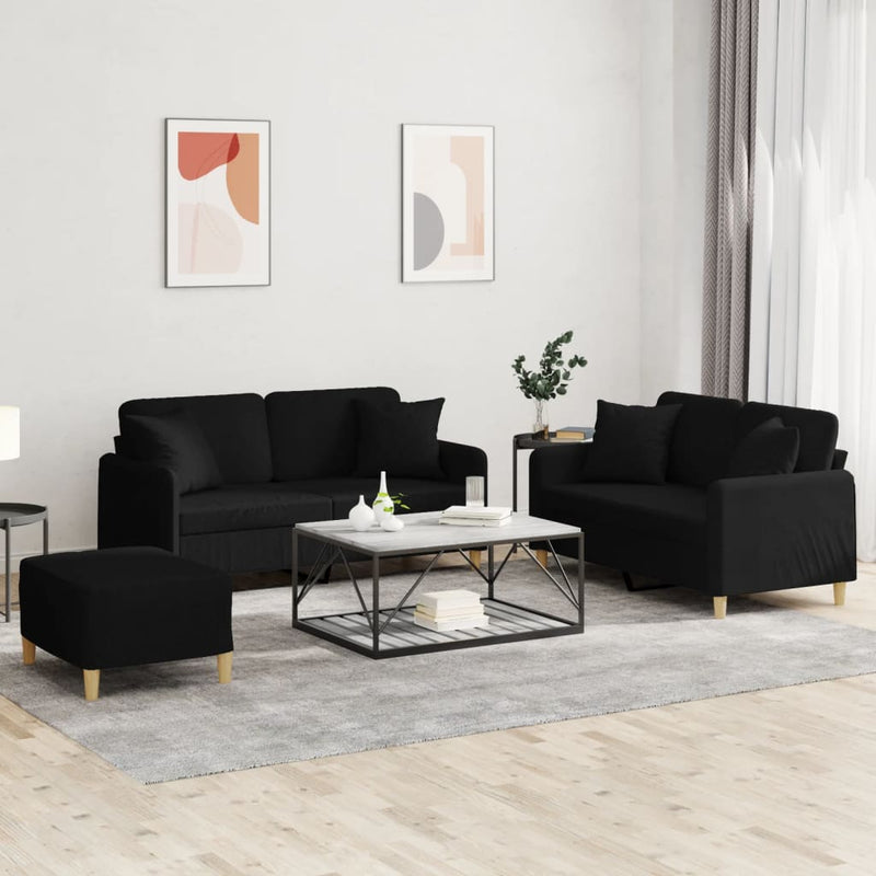 Set de canapele cu perne, 3 piese, negru, textil