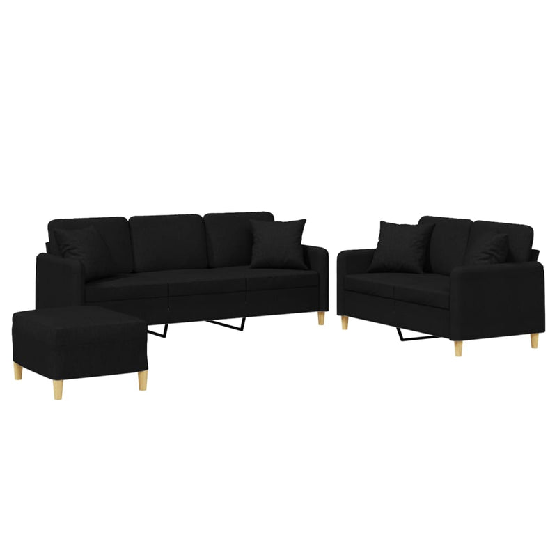 Set de canapele cu perne, 3 piese, negru, textil