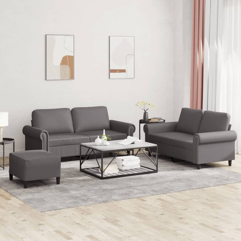 Set de canapele cu perne, 3 piese, gri, piele ecologică