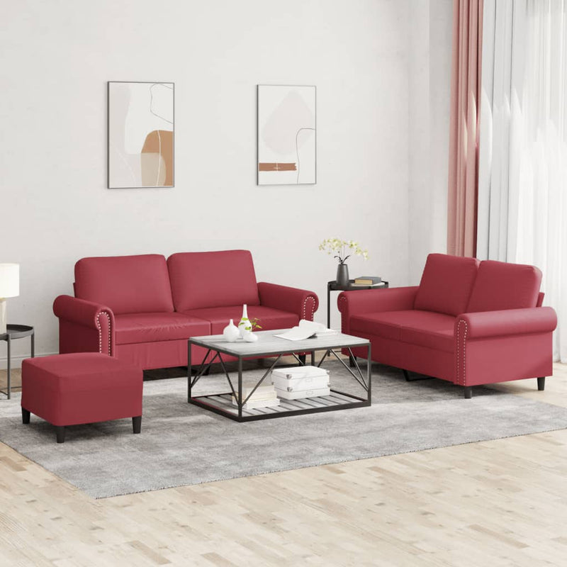Set de canapele cu perne, 3 piese, roșu vin, piele ecologică
