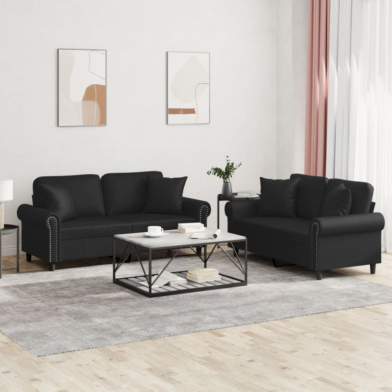 Set de canapele cu perne, 2 piese, negru, piele ecologică
