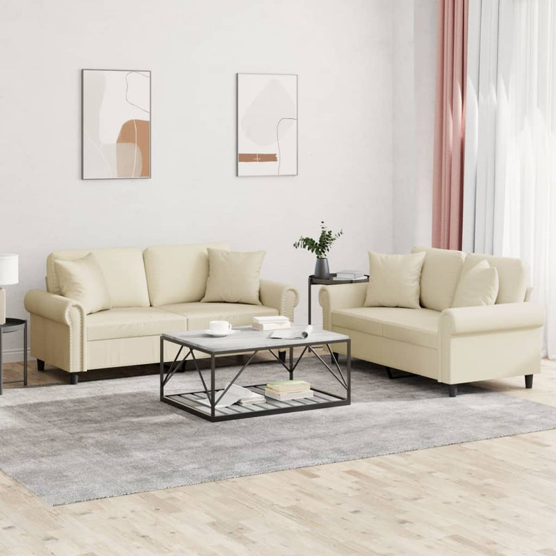 Set de canapele cu perne, 2 piese, crem, piele ecologică