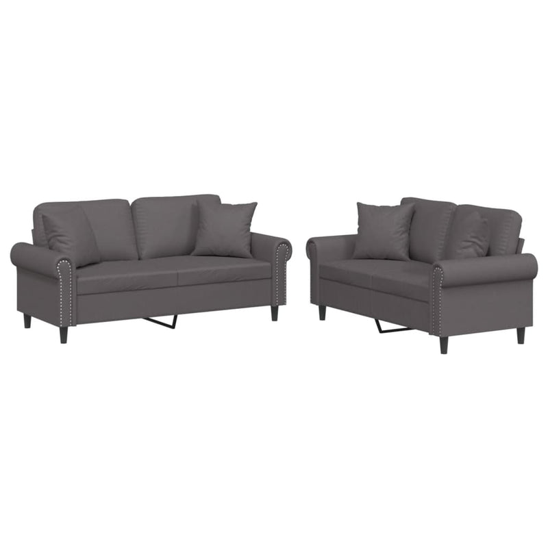 Set de canapele cu perne, 2 piese, gri, piele ecologică