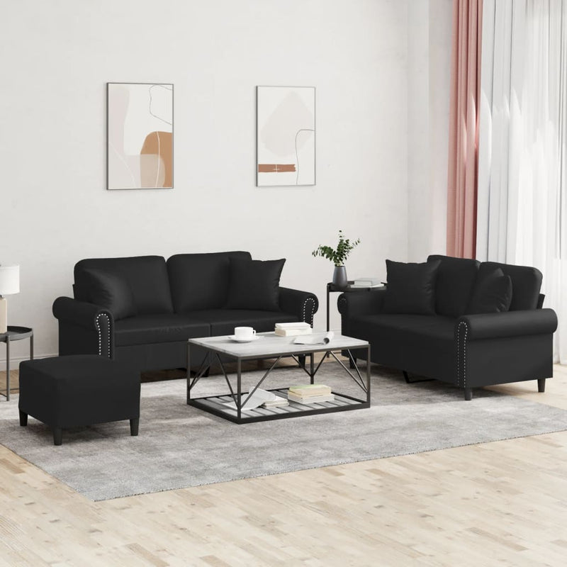 Set de canapele cu perne, 3 piese, negru, piele ecologică