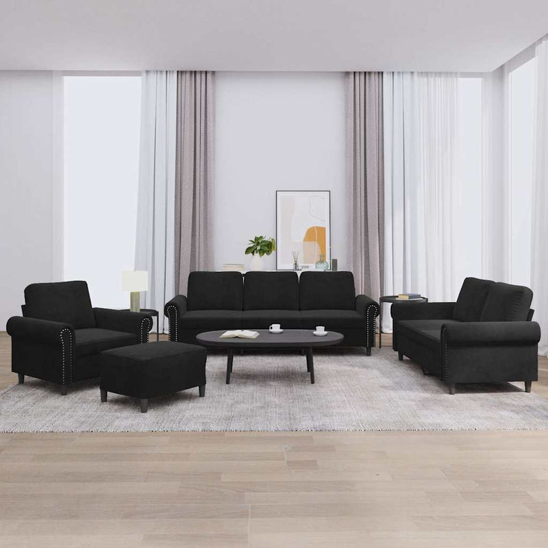 Set de canapele cu perne, 4 piese, negru, catifea