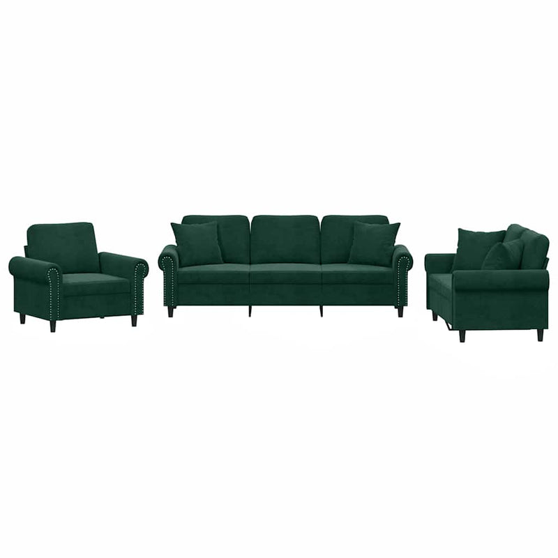 Set canapea cu perne, 3 piese, verde închis, catifea