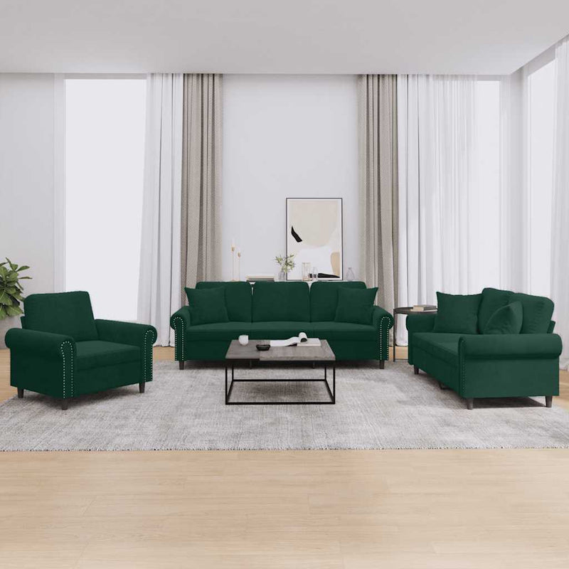 Set canapea cu perne, 3 piese, verde închis, catifea