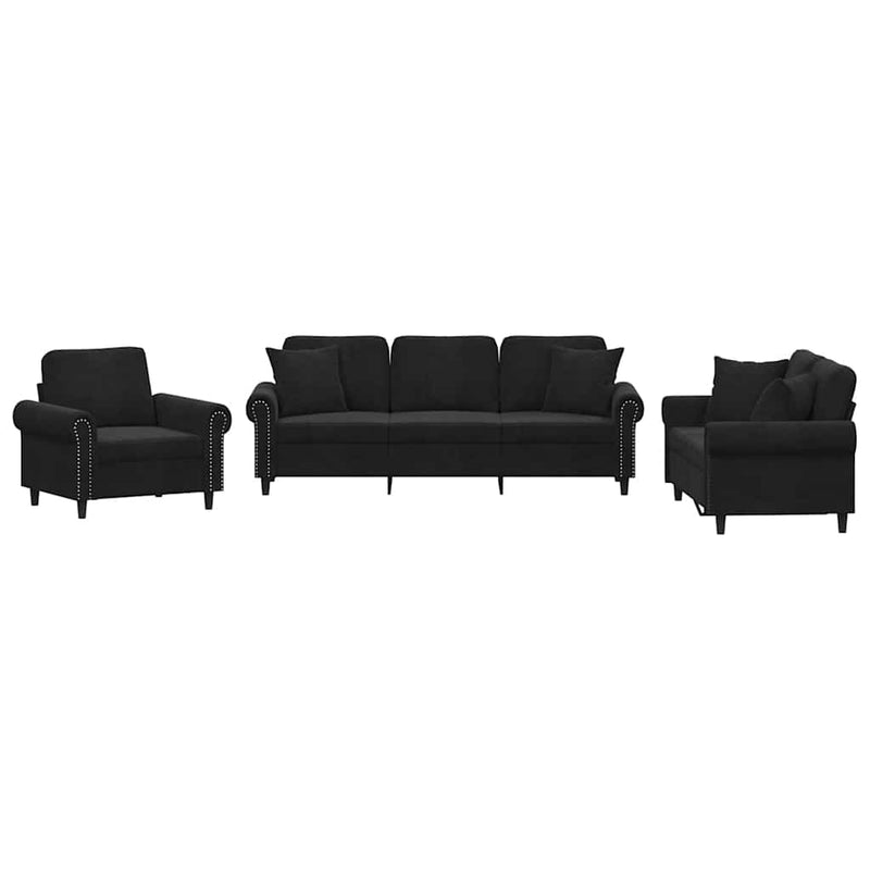 Set de canapele cu perne, 3 piese, negru, catifea