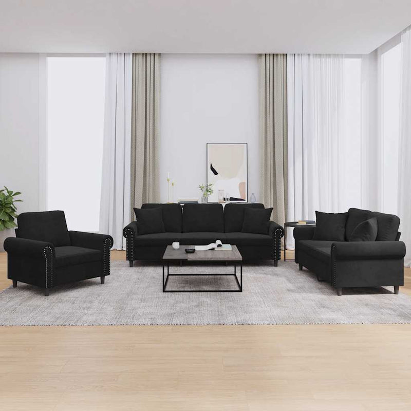 Set de canapele cu perne, 3 piese, negru, catifea