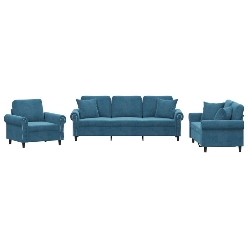 Set de canapele cu perne, 3 piese, albastru, catifea