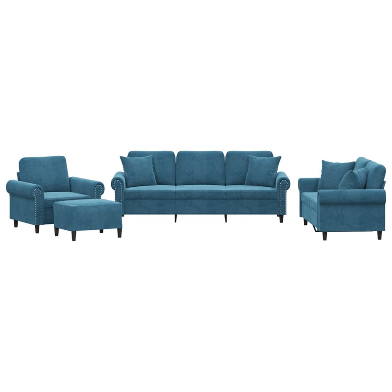 Set de canapele cu perne, 4 piese, albastru, catifea