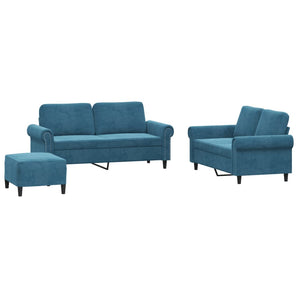 Set de canapele cu perne, 3 piese, albastru, catifea