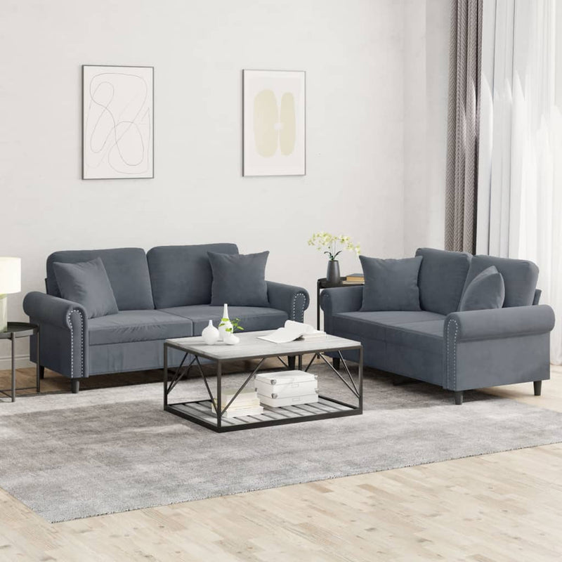 Set canapea cu perne, 2 piese, gri închis, catifea