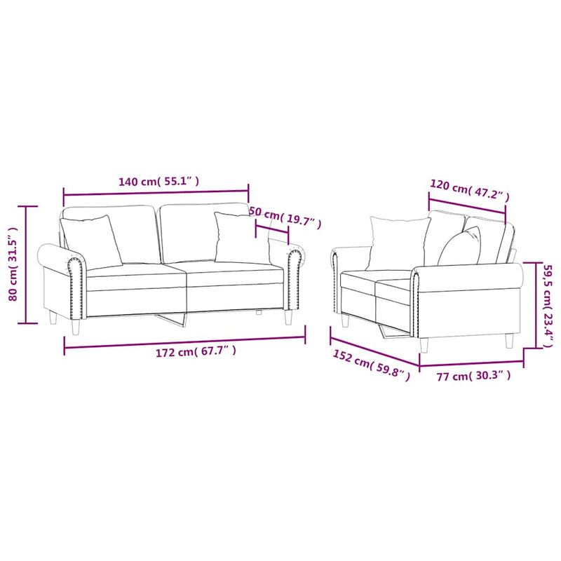 Set canapea cu perne, 2 piese, roz, catifea