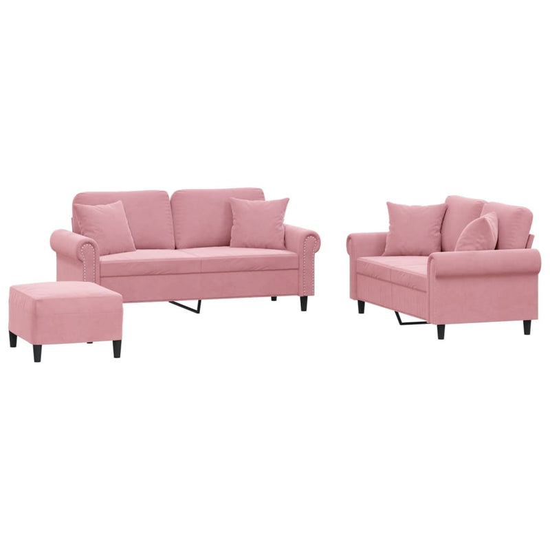 Set canapea cu perne, 3 piese, roz, catifea