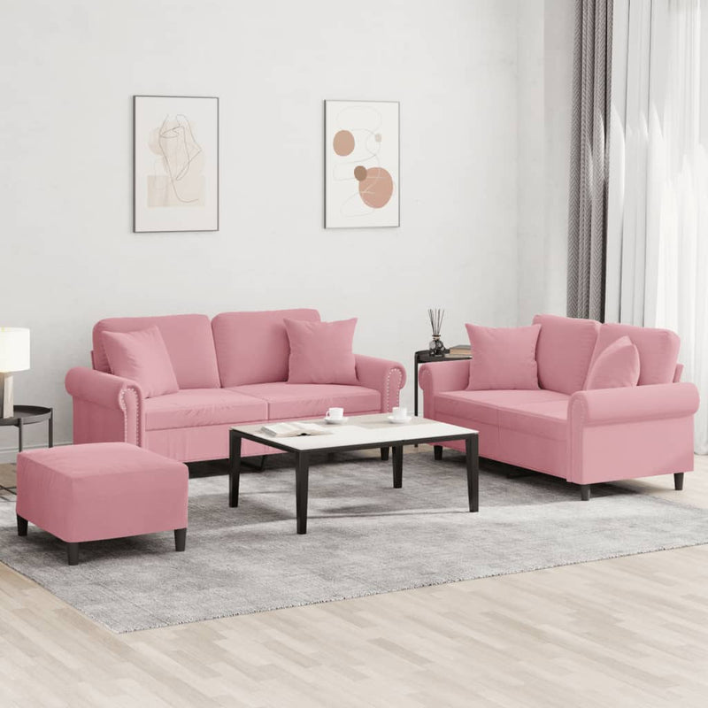 Set canapea cu perne, 3 piese, roz, catifea