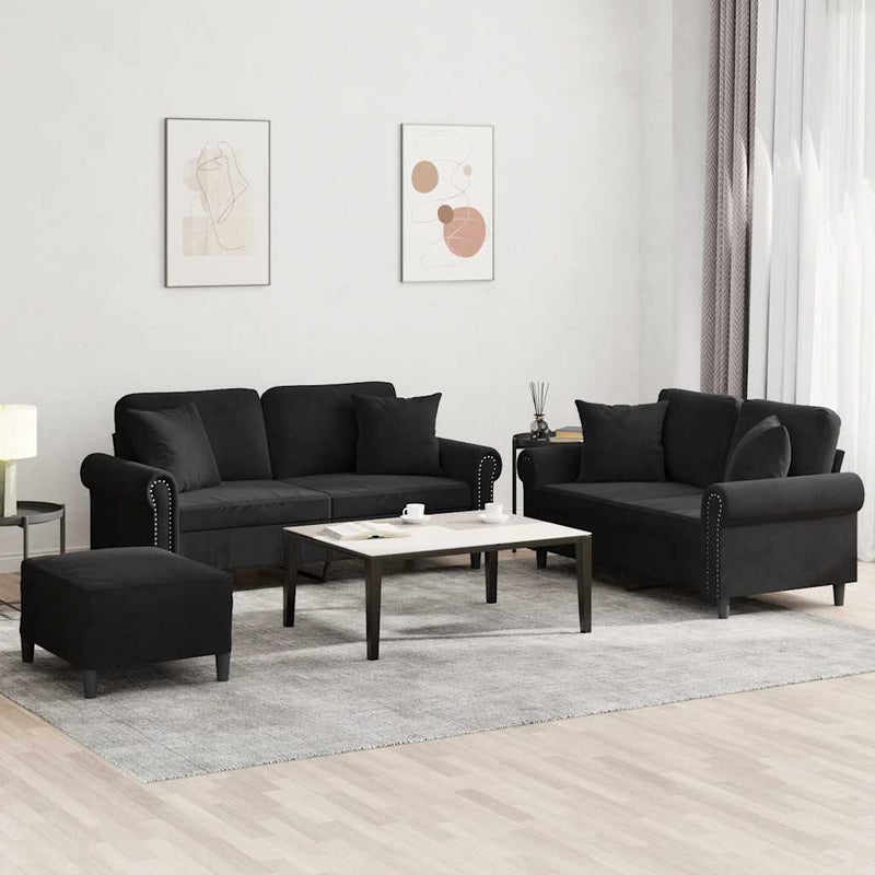 Set de canapele cu perne, 3 piese, negru, catifea