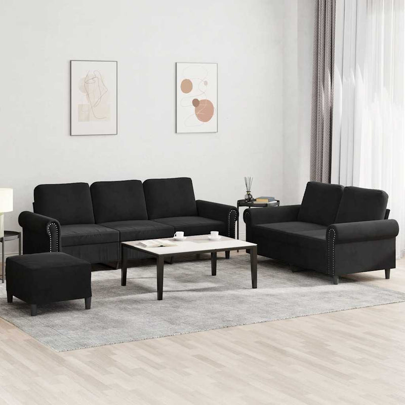 Set de canapele cu perne, 3 piese, negru, catifea