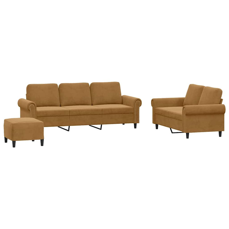 Set de canapele cu perne, 3 piese, maro, catifea