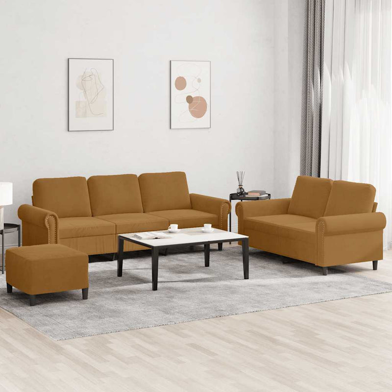 Set de canapele cu perne, 3 piese, maro, catifea