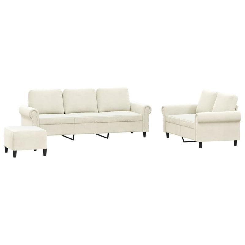 Set de canapele cu perne, 3 piese, crem, catifea