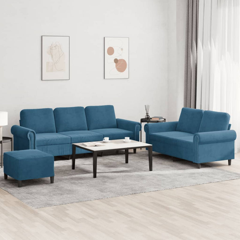 Set de canapele cu perne, 3 piese, albastru, catifea