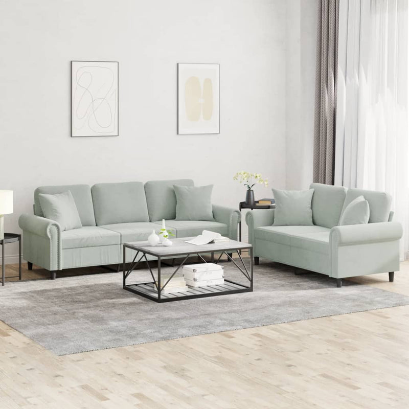 Set canapea 2 piese cu perne, gri deschis, catifea