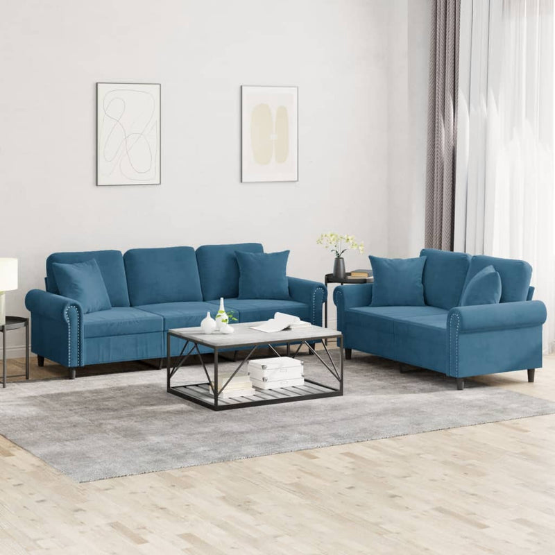 Set de canapele cu perne, 2 piese, albastru, catifea