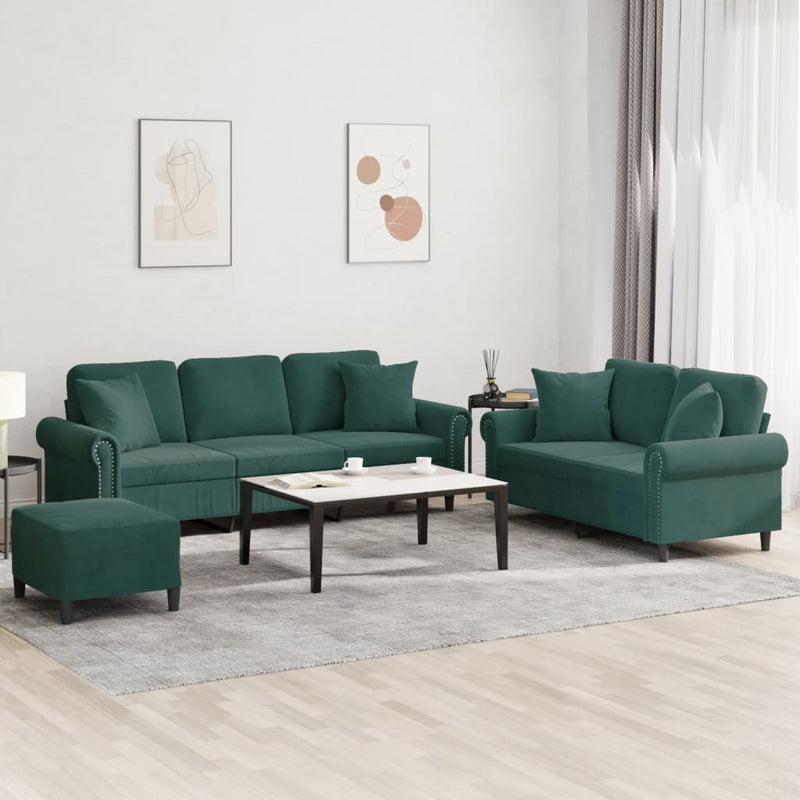 Set canapea cu perne, 3 piese, verde închis, catifea