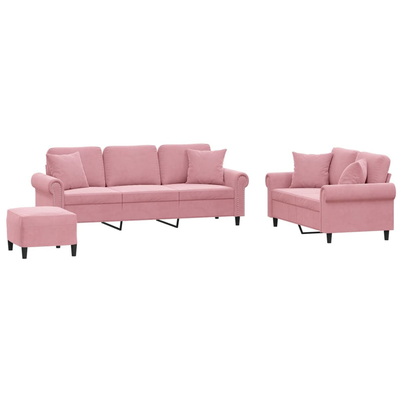 Set canapea cu perne, 3 piese, roz, catifea