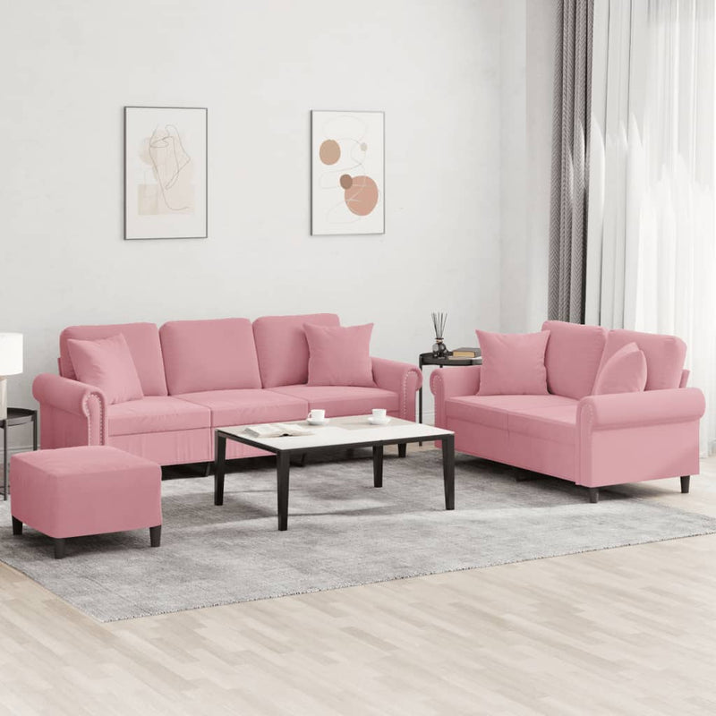 Set canapea cu perne, 3 piese, roz, catifea