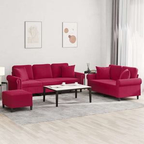 Set canapele cu perne, 3 piese, roșu vin, catifea