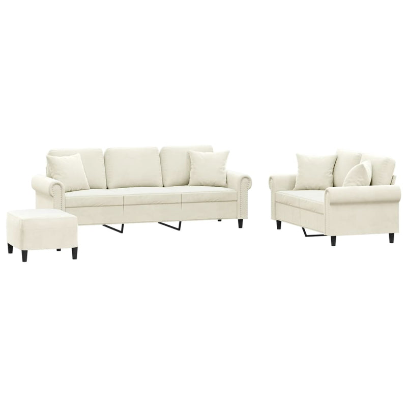 Set de canapele cu perne, 3 piese, crem, catifea