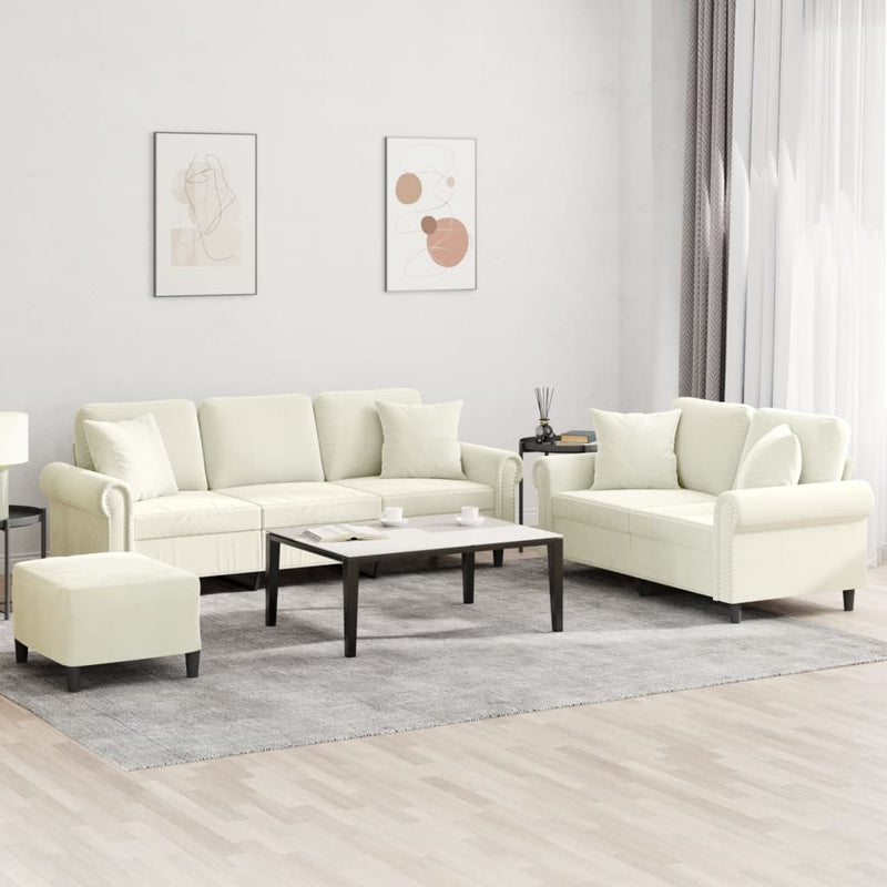 Set de canapele cu perne, 3 piese, crem, catifea