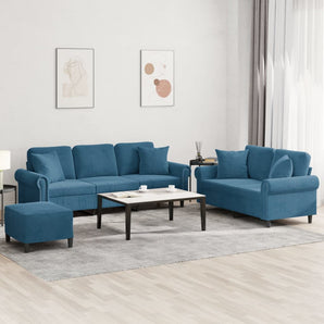 Set de canapele cu perne, 3 piese, albastru, catifea