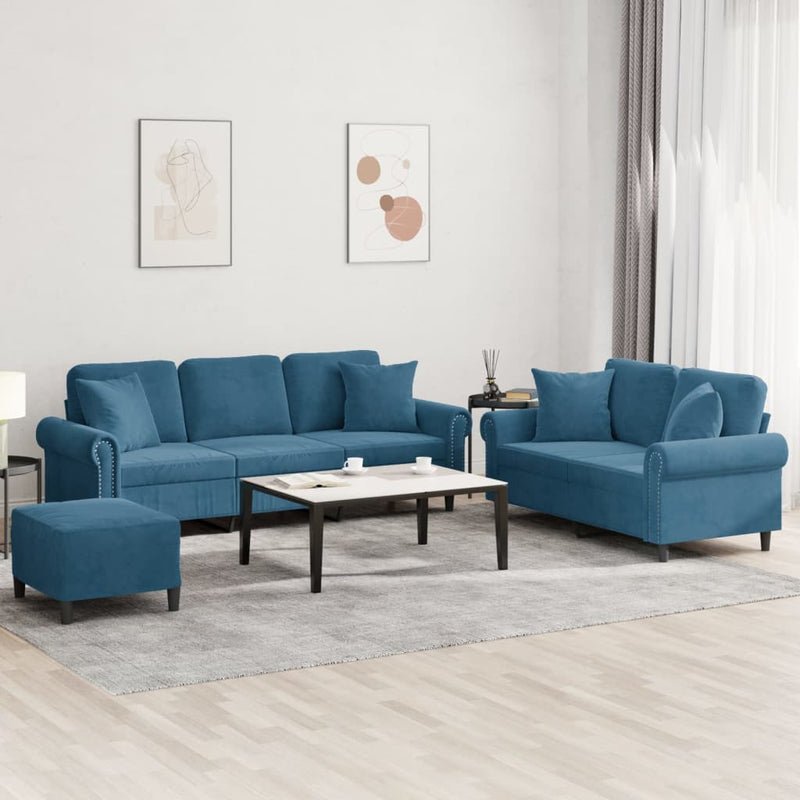 Set de canapele cu perne, 3 piese, albastru, catifea