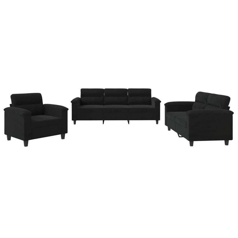 Set de canapele cu perne, 3 piese, negru, microfibră