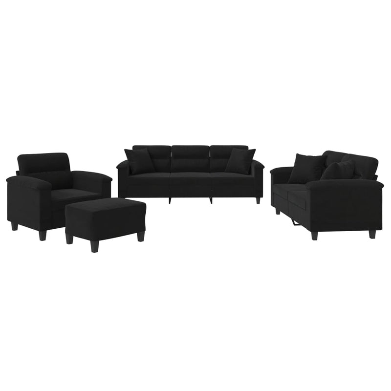 Set de canapele cu perne, 4 piese, negru, microfibră