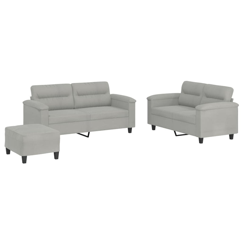 Set de canapele cu perne, 3 piese, gri deschis, microfibră