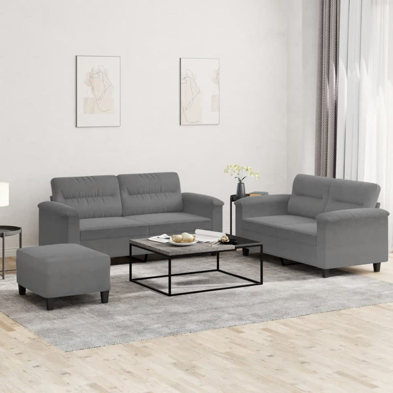 Set de canapele cu perne, 3 piese, gri închis, microfibră