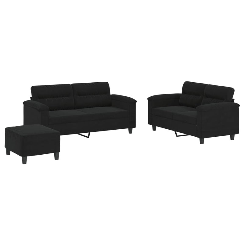 Set de canapele cu perne, 3 piese, negru, microfibră