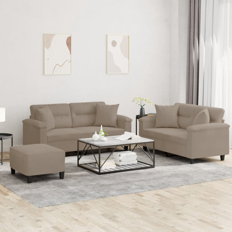 Set de canapele cu perne, 3 piese, gri taupe, microfibră