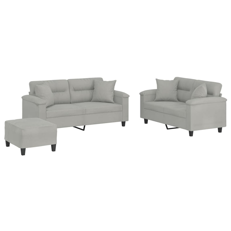 Set de canapele cu perne, 3 piese, gri deschis, microfibră