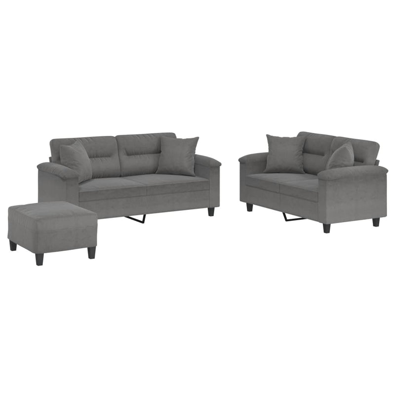 Set de canapele cu perne, 3 piese, gri închis, microfibră