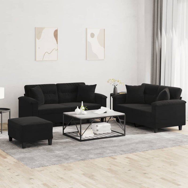 Set de canapele cu perne, 3 piese, negru, microfibră