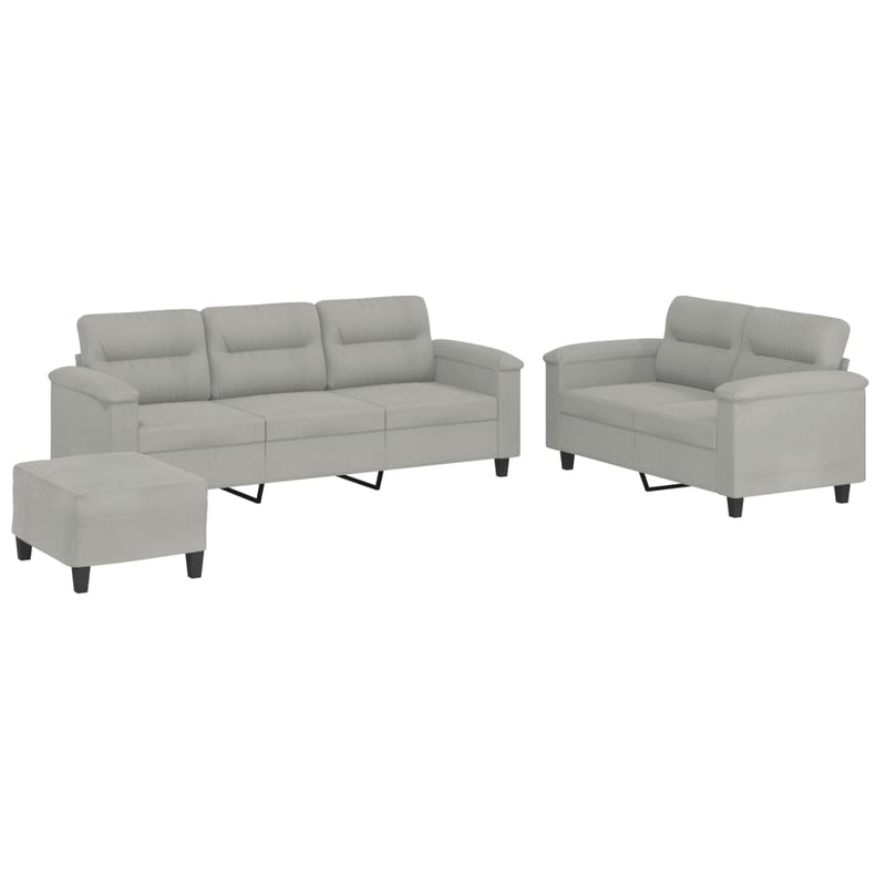Set de canapele cu perne, 3 piese, gri deschis, microfibră